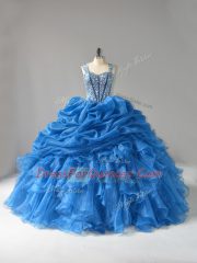 Cheap Straps Sleeveless Lace Up Sweet 16 Quinceanera Dress Blue Organza