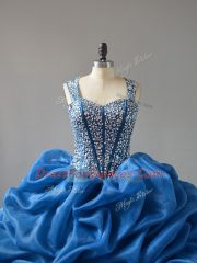 Cheap Straps Sleeveless Lace Up Sweet 16 Quinceanera Dress Blue Organza