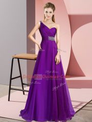 Cute Purple Criss Cross One Shoulder Beading Party Dress for Girls Chiffon Sleeveless Brush Train