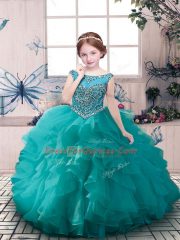 Organza Scoop Sleeveless Zipper Beading and Ruffles Pageant Dress in Teal