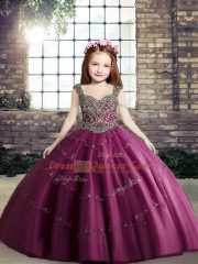 Customized Fuchsia Ball Gowns Straps Sleeveless Tulle Floor Length Lace Up Beading Kids Formal Wear