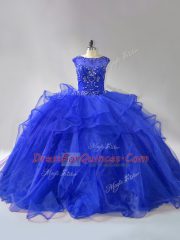 Royal Blue Ball Gown Prom Dress Sweet 16 and Quinceanera with Beading and Ruffles Scoop Sleeveless Brush Train Lace Up