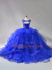 Royal Blue Ball Gown Prom Dress Sweet 16 and Quinceanera with Beading and Ruffles Scoop Sleeveless Brush Train Lace Up