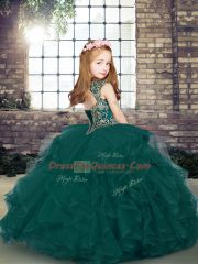 Sleeveless Floor Length Beading and Ruffles Lace Up Kids Pageant Dress with Olive Green