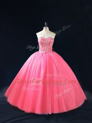 Beading Quinceanera Gown Hot Pink Side Zipper Sleeveless Floor Length