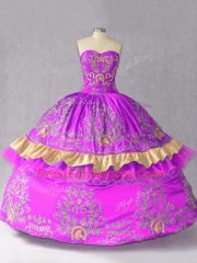 Purple Satin and Organza Lace Up Sweetheart Sleeveless Floor Length 15 Quinceanera Dress Embroidery and Bowknot