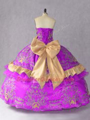 Purple Satin and Organza Lace Up Sweetheart Sleeveless Floor Length 15 Quinceanera Dress Embroidery and Bowknot