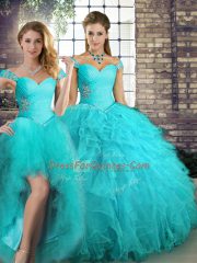 Sumptuous Beading and Ruffles Ball Gown Prom Dress Aqua Blue Lace Up Sleeveless Floor Length