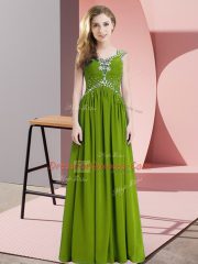 Floor Length Olive Green Dress for Prom Chiffon Cap Sleeves Beading