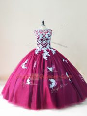 Burgundy Ball Gowns Scoop Sleeveless Tulle Floor Length Lace Up Beading and Appliques Vestidos de Quinceanera