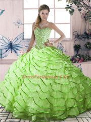Suitable Sleeveless Organza Brush Train Lace Up Quinceanera Gowns in Yellow Green with Ruffled Layers