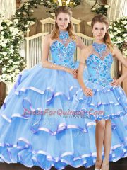 Halter Top Sleeveless Organza Ball Gown Prom Dress Embroidery and Ruffled Layers Lace Up