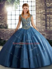 Excellent Floor Length Lace Up Vestidos de Quinceanera Blue for Military Ball and Sweet 16 and Quinceanera with Beading and Appliques
