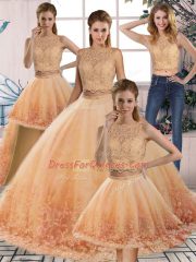 Cheap Gold and Peach Sweet 16 Dresses Scalloped Sleeveless Sweep Train Backless