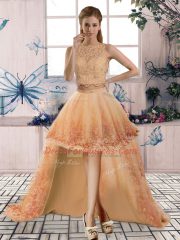 Cheap Gold and Peach Sweet 16 Dresses Scalloped Sleeveless Sweep Train Backless