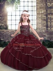 Superior Burgundy Tulle Lace Up Straps Sleeveless Floor Length Evening Gowns Beading and Ruffled Layers