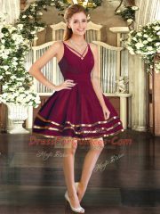 Glittering Burgundy Long Sleeves Mini Length Ruffled Layers Backless Evening Dress