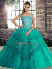 Custom Design Turquoise Ball Gowns Off The Shoulder Sleeveless Tulle Brush Train Lace Up Beading and Lace Quinceanera Dresses
