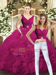 Stunning Floor Length Fuchsia Ball Gown Prom Dress V-neck Sleeveless Backless