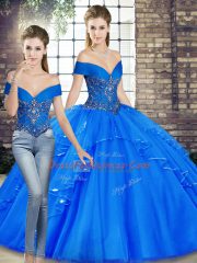 Free and Easy Floor Length Lace Up Sweet 16 Dress Royal Blue for Military Ball and Sweet 16 and Quinceanera with Beading and Ruffles