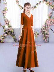 Empire Damas Dress Rust Red V-neck Satin Half Sleeves Ankle Length Zipper