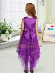 Simple Purple A-line Scoop Sleeveless Organza High Low Zipper Sequins and Bowknot Flower Girl Dress