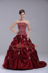 Inexpensive Strapless Sleeveless Taffeta Quince Ball Gowns Embroidery and Pick Ups Brush Train Lace Up