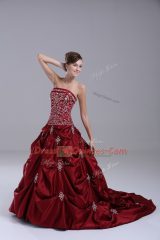 Inexpensive Strapless Sleeveless Taffeta Quince Ball Gowns Embroidery and Pick Ups Brush Train Lace Up