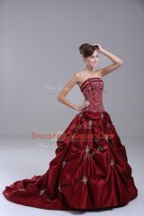Inexpensive Strapless Sleeveless Taffeta Quince Ball Gowns Embroidery and Pick Ups Brush Train Lace Up