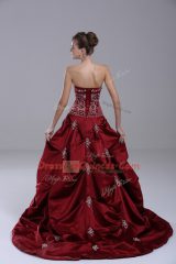 Inexpensive Strapless Sleeveless Taffeta Quince Ball Gowns Embroidery and Pick Ups Brush Train Lace Up