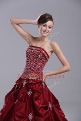 Inexpensive Strapless Sleeveless Taffeta Quince Ball Gowns Embroidery and Pick Ups Brush Train Lace Up