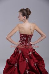 Inexpensive Strapless Sleeveless Taffeta Quince Ball Gowns Embroidery and Pick Ups Brush Train Lace Up