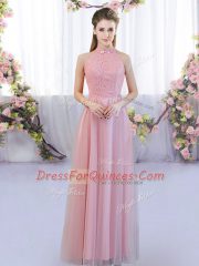 Pink Sleeveless Lace Floor Length Quinceanera Dama Dress