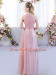 Pink Sleeveless Lace Floor Length Quinceanera Dama Dress