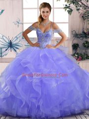 Sweet Sleeveless Tulle Asymmetrical Lace Up Quinceanera Gown in Lavender with Beading and Ruffles