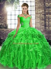 Green Off The Shoulder Neckline Beading and Ruffles Quinceanera Gowns Sleeveless Lace Up