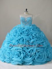 Dazzling Sweetheart Sleeveless Fabric With Rolling Flowers Quinceanera Gown Beading Brush Train Side Zipper
