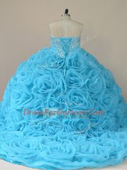 Dazzling Sweetheart Sleeveless Fabric With Rolling Flowers Quinceanera Gown Beading Brush Train Side Zipper