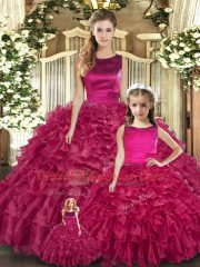 Great Fuchsia Organza Lace Up Sweet 16 Quinceanera Dress Sleeveless Floor Length Ruffles