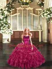 Great Fuchsia Organza Lace Up Sweet 16 Quinceanera Dress Sleeveless Floor Length Ruffles