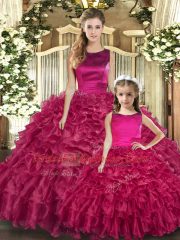 Great Fuchsia Organza Lace Up Sweet 16 Quinceanera Dress Sleeveless Floor Length Ruffles