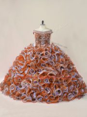 Beautiful Multi-color Ball Gowns Organza Off The Shoulder Sleeveless Beading and Ruffles Vestidos de Quinceanera Court Train
