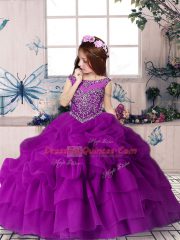 Luxurious Purple Organza Zipper Scoop Sleeveless Floor Length Little Girl Pageant Dress Beading and Pick Ups