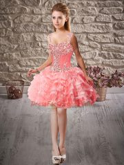 Flirting Watermelon Red Straps Lace Up Beading and Ruffled Layers Sweet 16 Dress Court Train Sleeveless