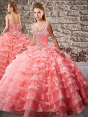 Flirting Watermelon Red Straps Lace Up Beading and Ruffled Layers Sweet 16 Dress Court Train Sleeveless