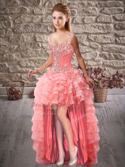 Flirting Watermelon Red Straps Lace Up Beading and Ruffled Layers Sweet 16 Dress Court Train Sleeveless