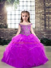Attractive Off The Shoulder Sleeveless Girls Pageant Dresses Floor Length Beading and Ruffles Purple Tulle