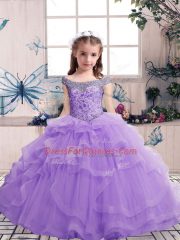 Amazing Lavender Off The Shoulder Lace Up Beading and Ruffles Girls Pageant Dresses Sleeveless