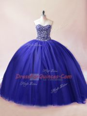 Royal Blue Ball Gowns Tulle Sweetheart Sleeveless Beading Floor Length Lace Up 15th Birthday Dress