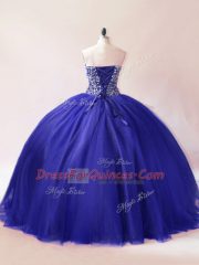 Royal Blue Ball Gowns Tulle Sweetheart Sleeveless Beading Floor Length Lace Up 15th Birthday Dress
